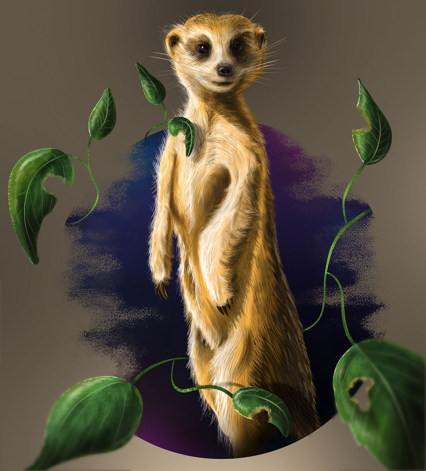 Meerkat with leaves — digital painting