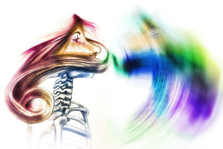 Girl with rainbow breath — mixed media