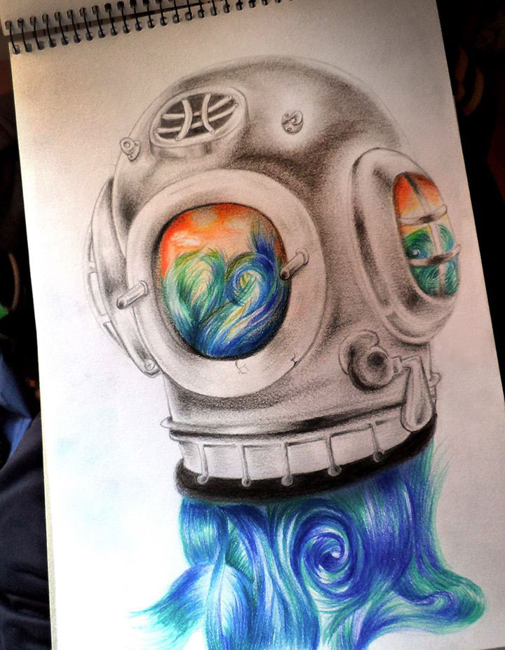 Diving helmet — coloured pencil